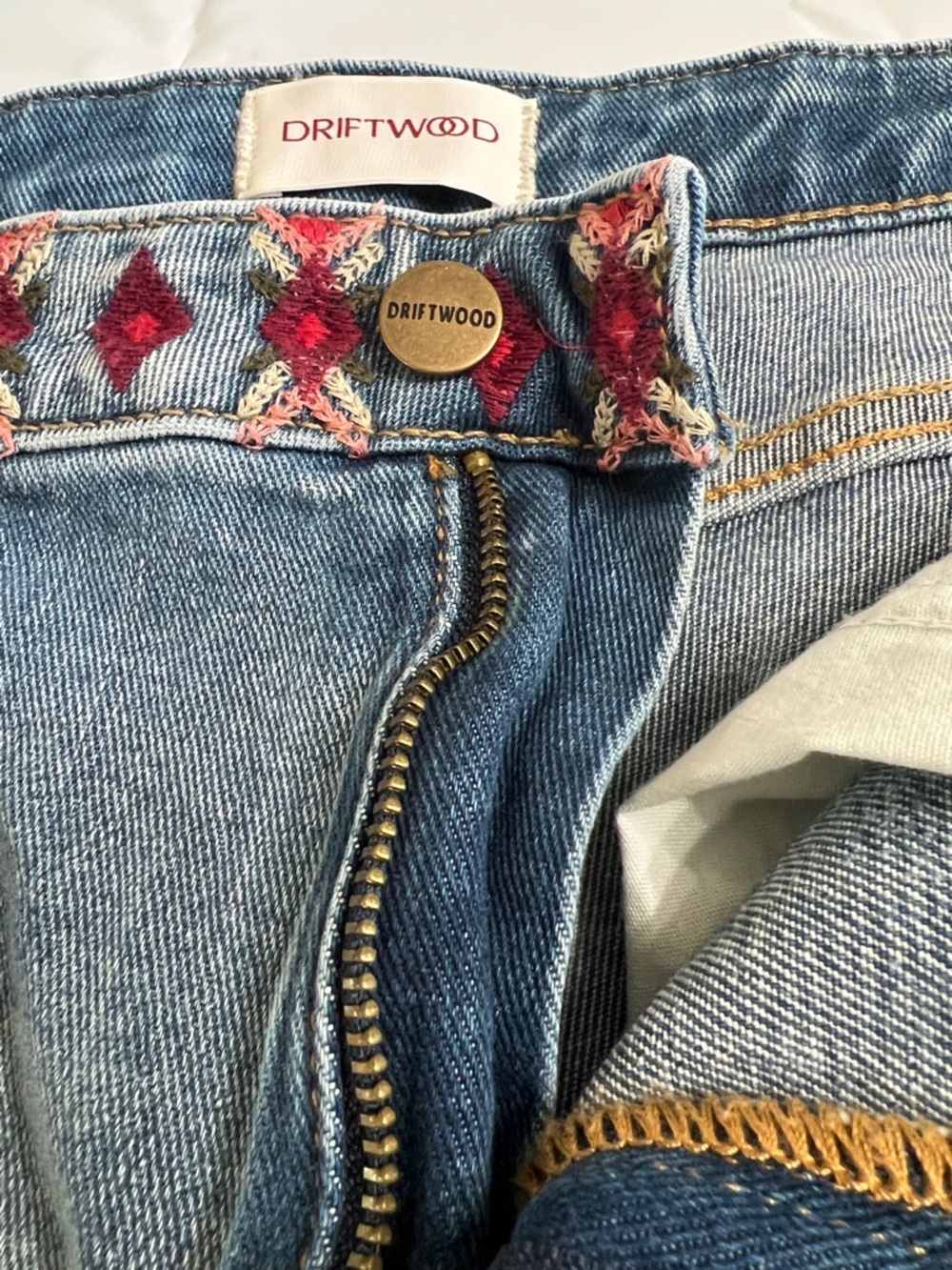 DRIFTWOOD Light Blue Denim Shorts with Red Embroidered Trim - Picture 4 of 15